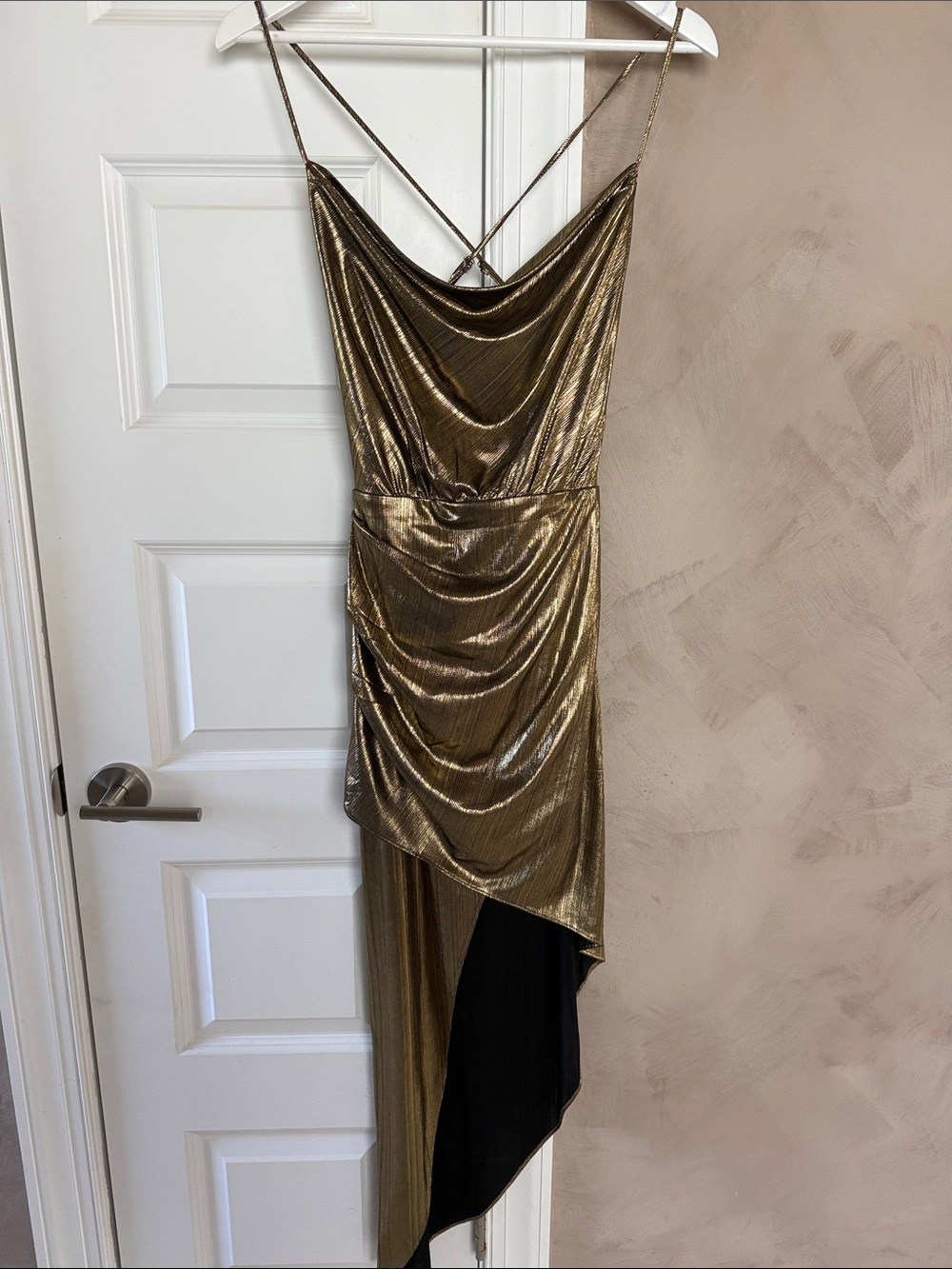 Lulu's Metallic Gold Asymmetrical Slip Dress